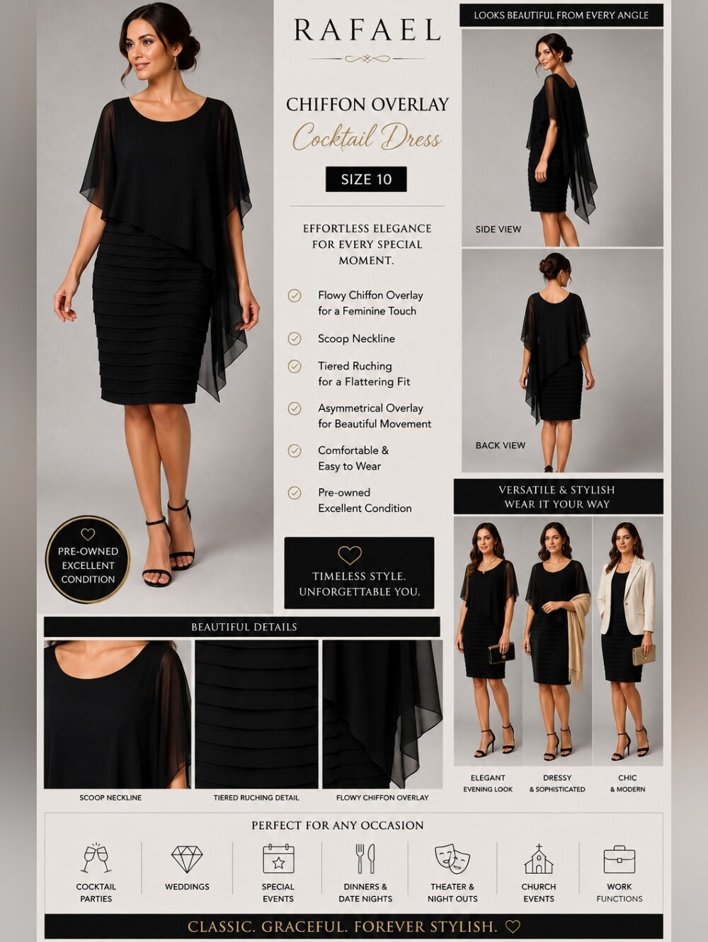 Scarlett Black Chiffon Overlay Cocktail Dress Size 14 Elegant Layered